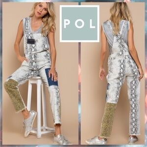 POL Snakeskin Denim Patchwork Overalls
